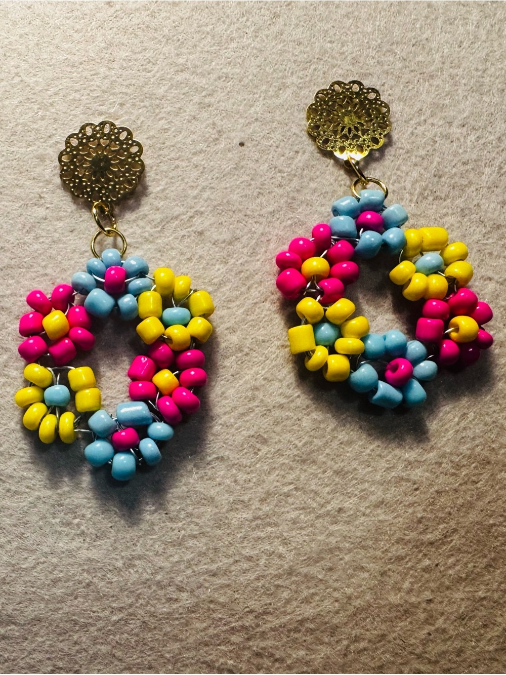 Colorful Beaded Hoop Earrings in Pink, Yellow & Blue with Gold Filigree Posts